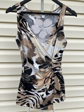 Cache vintage Y2K Floral Abstract Print Sleeveless Top Black, White Tan 17” x20”